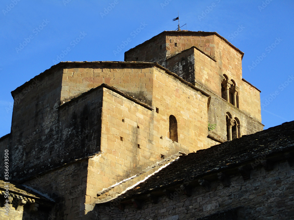 UNESCO World Heritage. Romanesque Church of Santa Cruz de la Serós. Detail of the lantern tower and bell tower. 11th century. Aragon. Spain.   