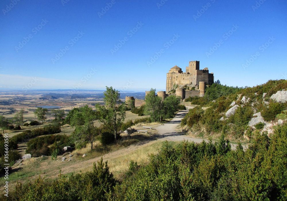 UNESCO World Heritage.
Landscape with the Romanesque Castle of Loarre and the flat Valley of Huesca in the rear. Aragon. Spain. 