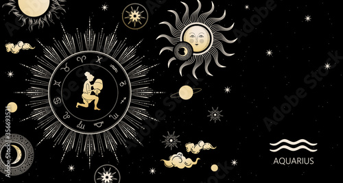 Zodiac background. Aquarius zodiac sign. Horizontal banner.