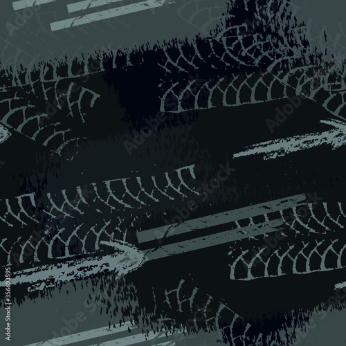 Abstract seamless grunge pattern for guys. Urban style background with trace of tire, lightning, dots and spray elements. Drive and speed modern creative wallpaper. Grunge texture background.