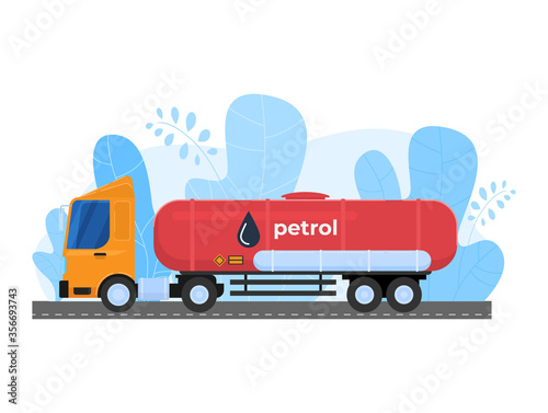 Oil gas industry vector illustration. Cartoon flat freight transport, car tank truck with red cistern transporting petroleum. Cargo shipping technology, fuel transportation icon isolated on white