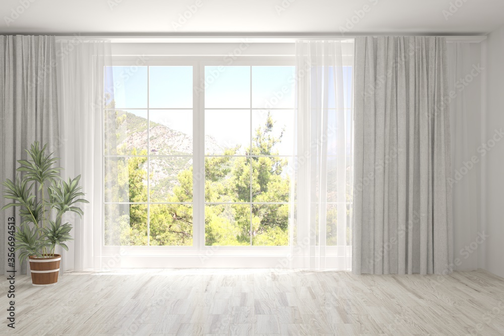 Fototapeta premium Stylish empty room in white color with summer landscape in window. Scandinavian interior design. 3D illustration