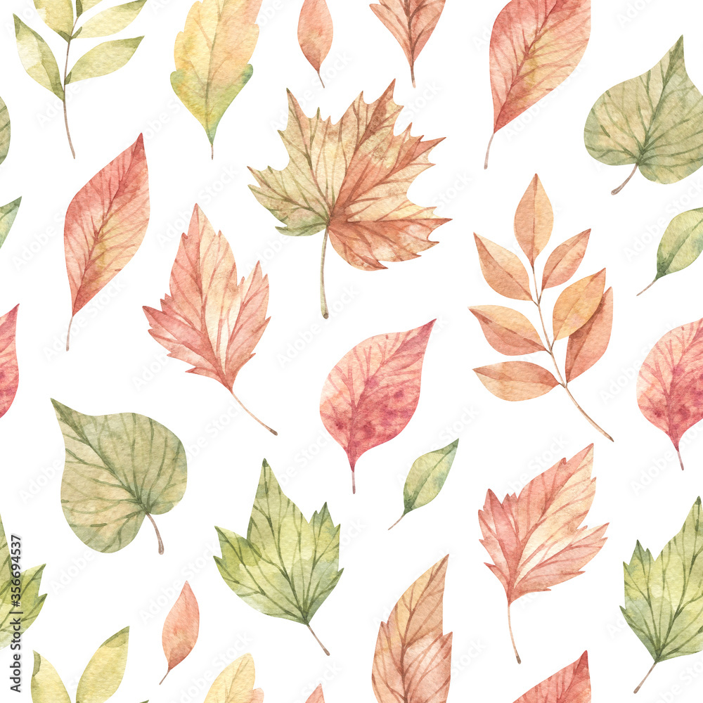 Obraz premium Hand drawn watercolor seamless pattern of fall orange, red and green leaves. Forest background. Hello Autumn! Perfect for seasonal advertisement, invitations, cards, fabric, wrapping paper, textile