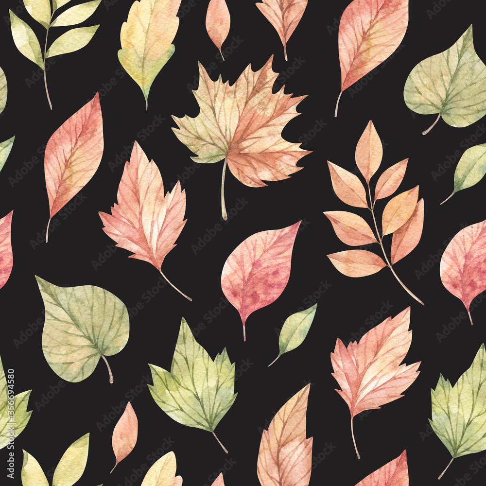 Hand drawn watercolor seamless pattern of fall orange, red and green leaves. Forest background. Hello Autumn! Perfect for seasonal advertisement, invitations, cards, fabric, wrapping paper, textile