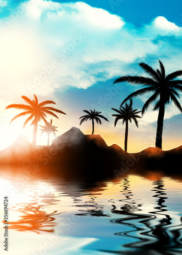 Tropical sunset with palm trees and sea. Silhouettes of palm trees on the beach against the sky with clouds. Reflection of palm trees on the water. © Laura Сrazy