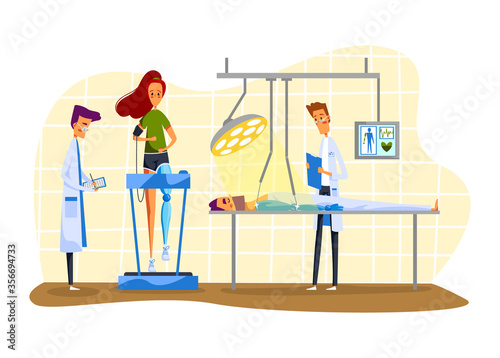 Robot and disabled people vector illustration. Cartoon flat patient characters using artificial prosthetic limbs in doctoral research. Human prosthesis trendy technology concept isolated on white