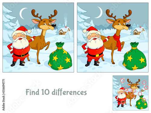 Santa Claus and his reindeer. Christmas. Find 10 differences. Educational game for children. Cartoon vector illustration.