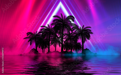 Silhouettes of tropical palm trees on a background of abstract background with neon glow. Reflection of palm trees on the water. 3d illustration © Laura Сrazy