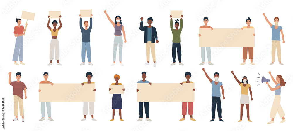 Big collection of protesting multicultural people holding blank placard banner for text. Hand fist raised up. Protest of diversity of different nationality people. Flat vector illustration. 
