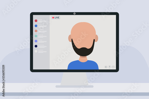 Bald young male blogger in live streaming online event, Video conference remote working. Vlogger concept. Vector flat people illustration.