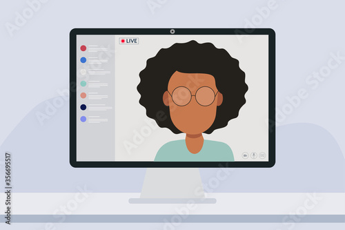 Young black female blogger with glasses in live streaming online event, Video conference remote working. Vlogger concept. Vector flat people illustration.
