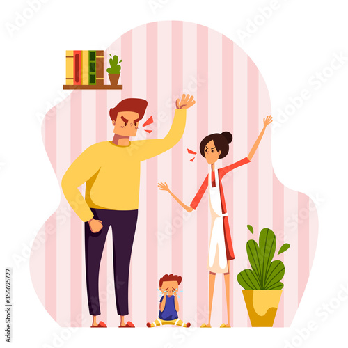 People in quarrel vector illustration. Cartoon flat angry parent characters screaming at each other, kid baby sitting on floor and crying. Family people during conflict concept isolated on white