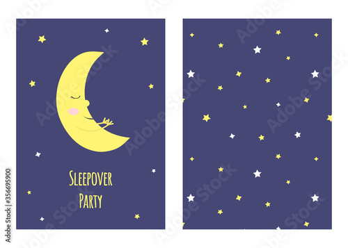 Vector illustration with cartoon smiling crescent and inscription "sleepover party" and seamless pattern with stars. For birthday or party invitation and so print design for pajamas, nursery poster.