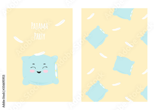 Vector illustration with cartoon smiling pillow and inscription "pajama party" and seamless pattern with feathers. For birthday or party invitation and so print design for pajamas, nursery poster.