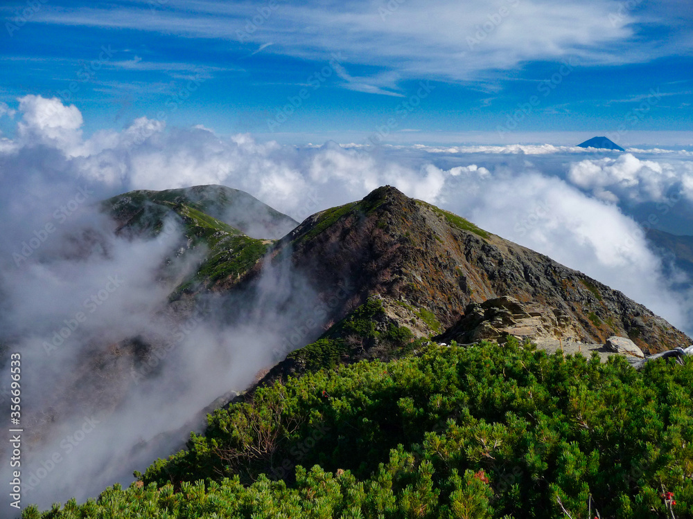 富士山,南アルプス, 北岳, 雲海, 空, 風景, 自然, 青, 雲, 旅行, 景色, 稜線, 全景 富士山,南アルプス, 北岳, 雲海, 空, 風景, 自然, 青, 雲, 旅行, 景色, 稜線, 全景
