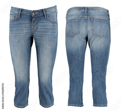Women’s blue skinny breeches on a white background. Worn jeans. Front and back view.Isolated image on a white background.