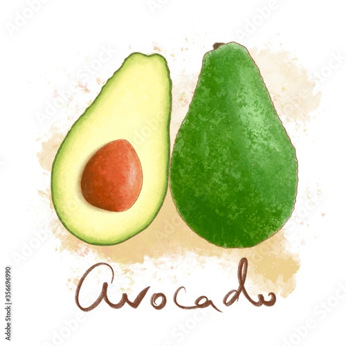 Ripe juicy avocado isolated. Fresh vegetable icon whole and halved. Delisious food, vitamins, healthe lifestyle, photo