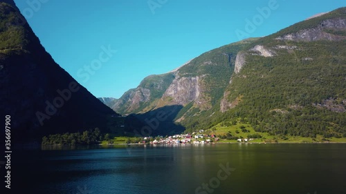 Small Village in the Fjord of Aurlandsfjord in Flam at the morning in the summer of Norway. One of the most beautiful Norway Fjord.
