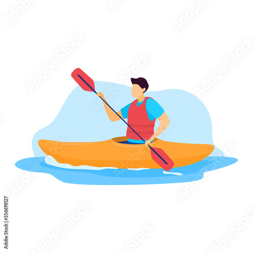 Sportsman vector illustration. Cartoon flat man kayaker character kayaking, riding and paddling boat canoe in sea waves. Extreme outdoor watersport activity, active lifestyle isolated on white