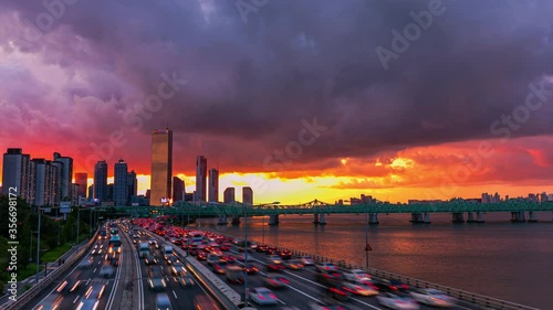 Time Lapse Traffic at Sunset of Seoul City South Korea