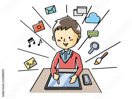 ペンを使ってタブレットに描く人物のイラスト