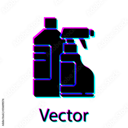Black Plastic bottles for laundry detergent, bleach, dishwashing liquid or another cleaning agent icon isolated on white background. Vector Illustration