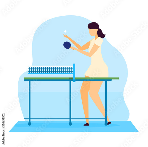 Sportsman vector illustration. Cartoon flat young woman character playing ping pong table tennis with racket, enjoying pingpong indoor game. Sport activity, healthy active lifestyle isolated on white