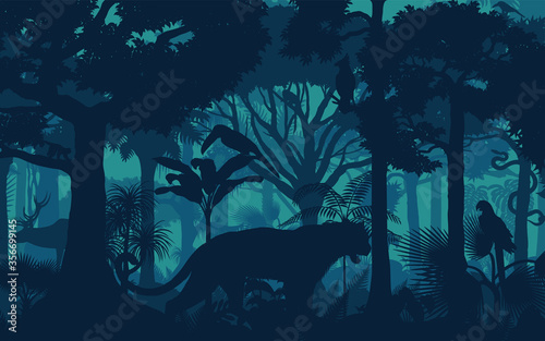 Vector evening tropical rainforest Jungle background with jaguar, harpy, monkey, parrot, toucan, anaconda and deer