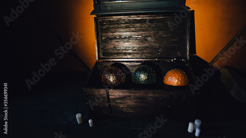 Photography Games of Thrones dragon eggs made of wood. Fire, fiction.