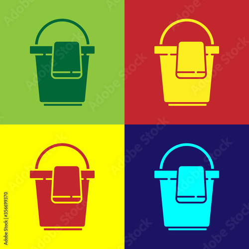 Pop art Bucket with rag icon isolated on color background. Cleaning service concept. Vector Illustration