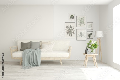 White living room with sofa. Scandinavian interior design. 3D illustration