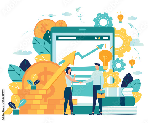 vector illustration on white background. business porters a successful team. The investor holds money in ideas. financing of creative projects. woman and man business handshake