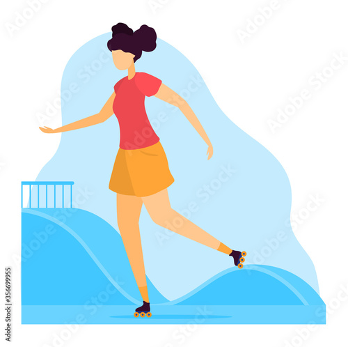 Sportsman vector illustration. Cartoon flat young woman character on roller skates riding outdoors, rollerblading and enjoying active healthy lifestyle, summer sport activity isolated on white