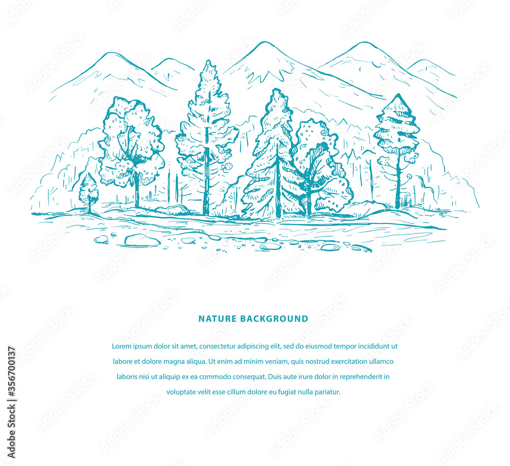 Nature tourism template with mountains, forest, river and space for your text. Sketch design in blue color