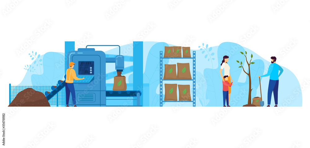 Waste processing factory vector illustration. Cartoon flat worker characters working on packaging station equipment, technology of recycling garbage to compost for planting trees isolated on white Waste processing factory vector illustration. Cartoon flat worker characters working on packaging station equipment, technology of recycling garbage to compost for planting trees isolated on white