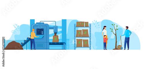 Waste processing factory vector illustration. Cartoon flat worker characters working on packaging station equipment, technology of recycling garbage to compost for planting trees isolated on white