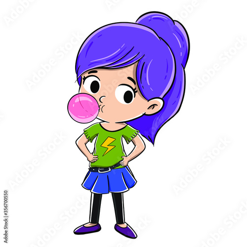 Niña con coleta haciendo una pompa con un chicle