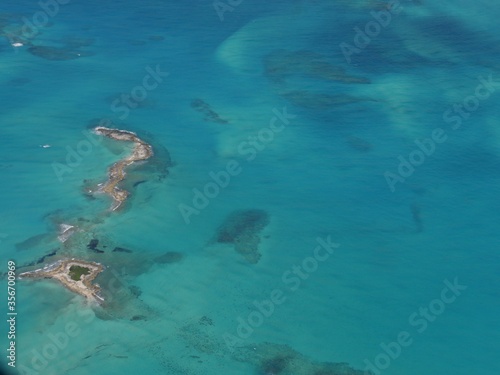 Aerial view of small islands in the Exuma Cays, Bahamas