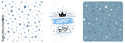Set of vector children's graphic printing with SuperBoy lettering and seamless pattern with diamond stars on a colored background. Graphics for t-shirts, fabrics, textiles, pajamas, printing, gifts