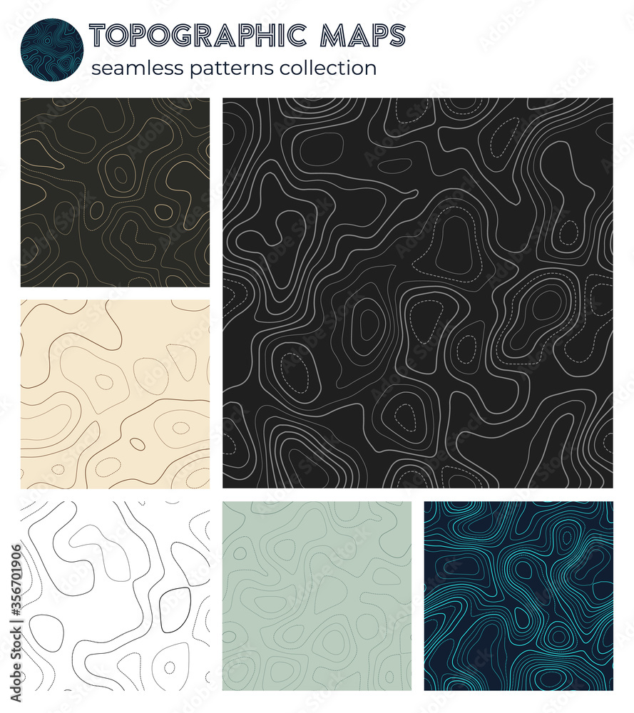 Topographic maps. Astonishing isoline patterns, seamless design. Cool tileable background. Vector illustration. Topographic maps. Astonishing isoline patterns, seamless design. Cool tileable background. Vector illustration.