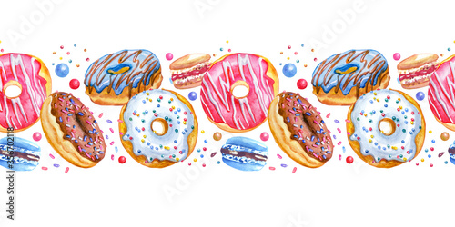 Seamless border of multi-colored donuts and macaroons on a white background, watercolor drawing, print for fabric, background for various designs.