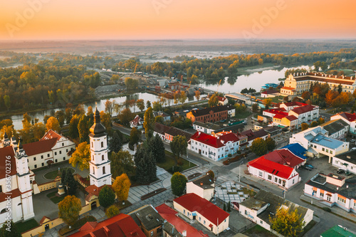 Pinsk, Brest Region, Belarus. Pinsk Cityscape Skyline In Autumn Morning. Bird's-eye View Of Cathedral Of Name Of The Blessed Virgin Mary And Monastery Of The Greyfriars. Famous Historic Landmark