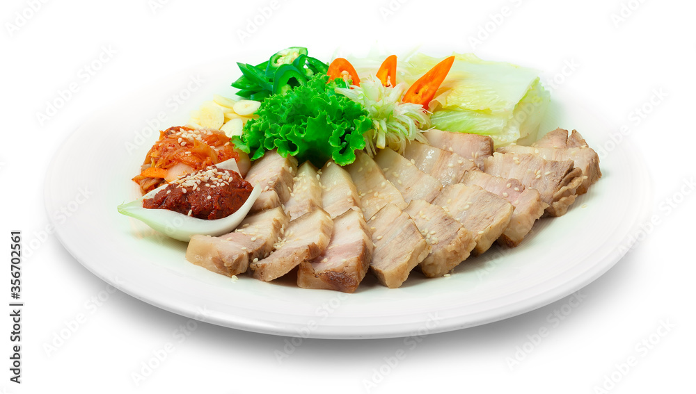 Bossam Korean Boiled Pork wraps Served Chili Spicy Kochujung Sauce Bossam Korean Boiled Pork wraps Served Chili Spicy Kochujung Sauce