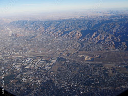 Aerial view of Los Angeles, California and mountains in the background