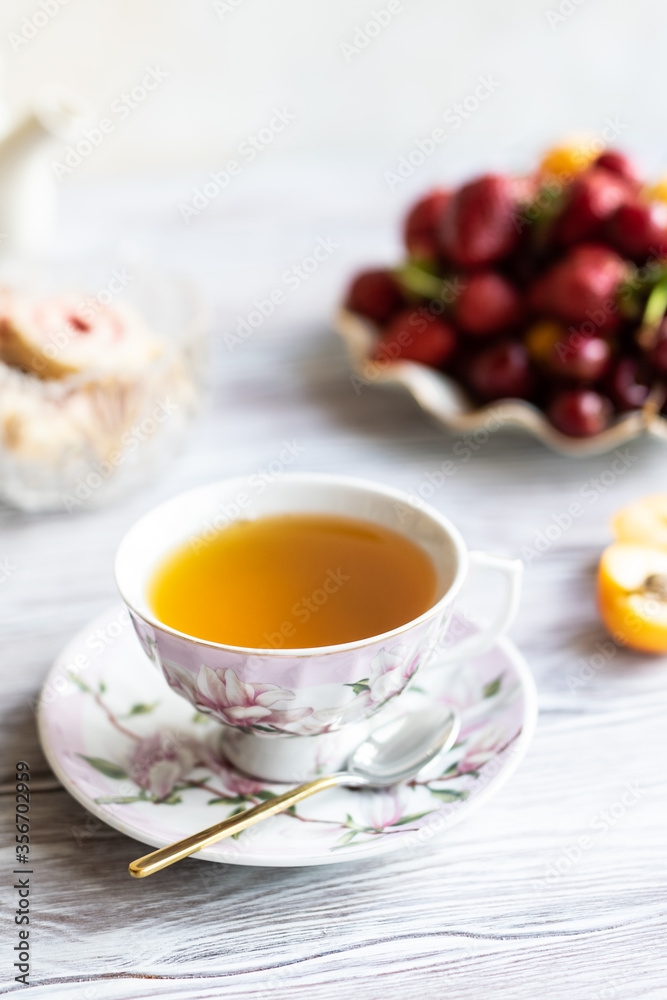cup of hot tea on the kitchen table cup of hot tea on the kitchen table