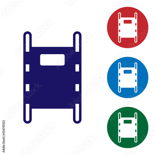 Blue Stretcher icon isolated on white background. Patient hospital medical stretcher. Set icons in color square buttons. Vector Illustration.