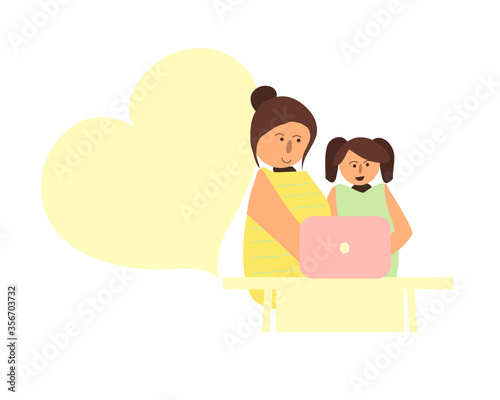 Mom accompany her daughter studying from home