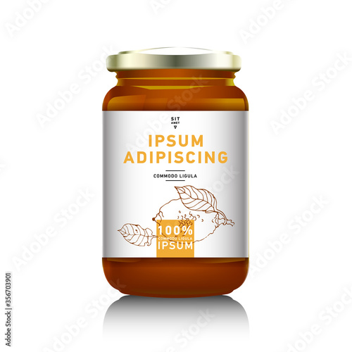 Realistic glass bottle packaging for fruit jam design. Apricot jam with design label, typography, line dra.wing apricots illustration. Mock up. Orange marmalade. Fruit jar