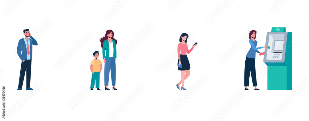 Fototapeta premium Vector. Men and women stand in queue at ATM, they keep their distance. Social safe distance between people, so as not to spread the virus, COVID-19. In line, for withdraw cash and put money on card.