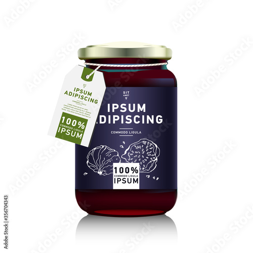 Realistic glass bottle packaging for fruit jam design. Purple jam with design label, typography, line drawing figs illustration. Mock up